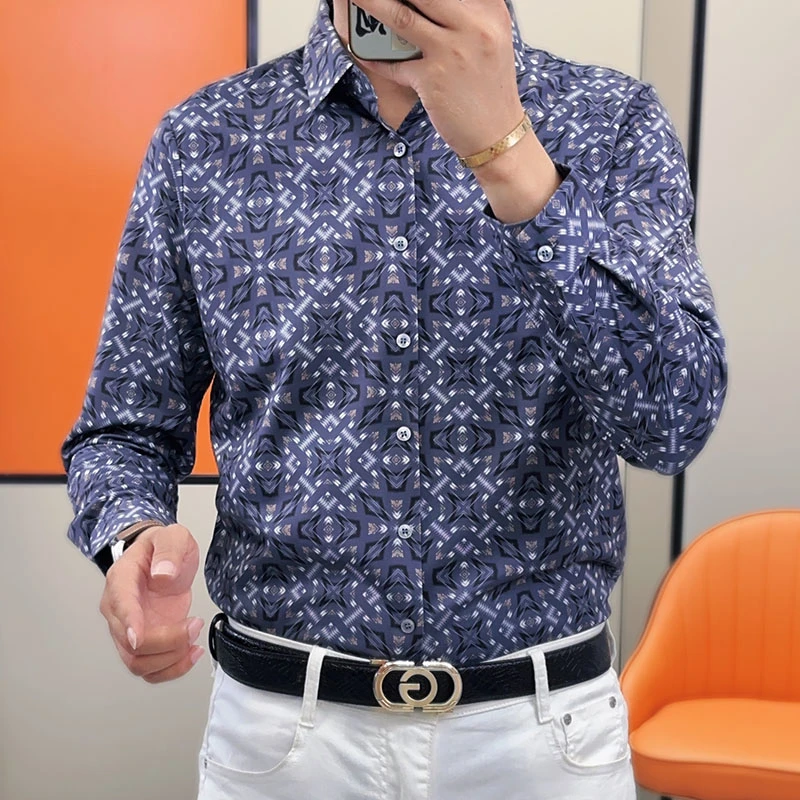 男士高品质碎花长袖商务休闲衬衣男春秋休闲印花衬衫轻奢修身