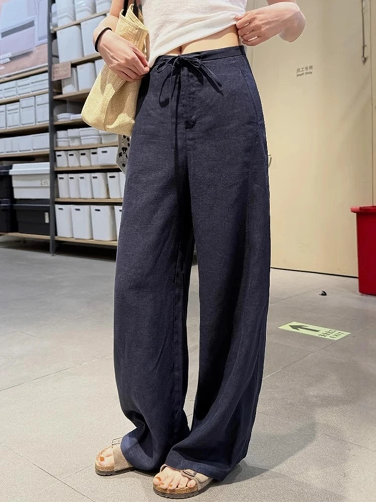 藏青色亚麻休闲直筒裤子大码女胖mm显瘦夏季高腰拖地冰丝阔腿长裤