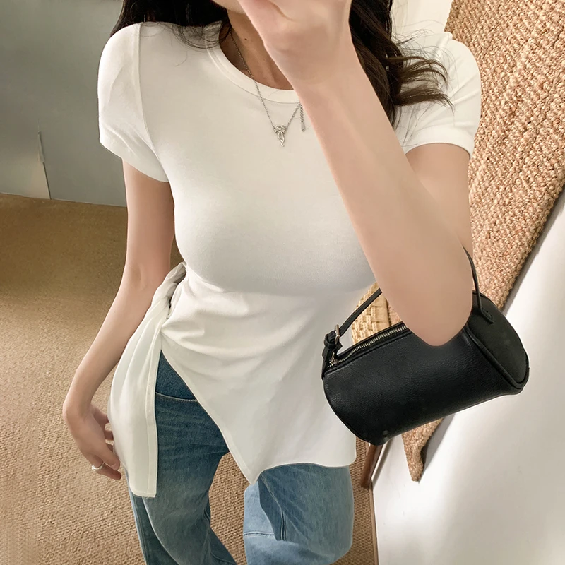 2025新款不规则开叉T恤年圆领正肩短袖新款绑带t恤弹力休闲女上衣