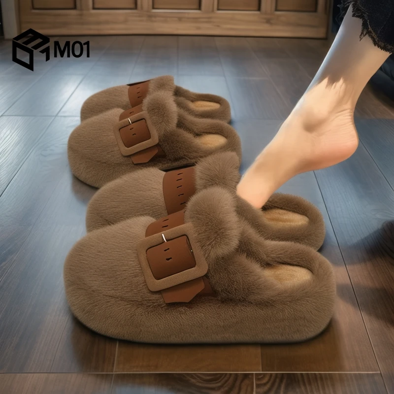 M01包头毛毛拖鞋女外穿2025新款秋冬厚底皮带扣加绒软底防滑棉拖