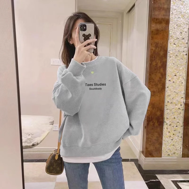 假两件圆领卫衣女2025秋冬新款宽松中长款遮屁股加绒加厚拼接上衣