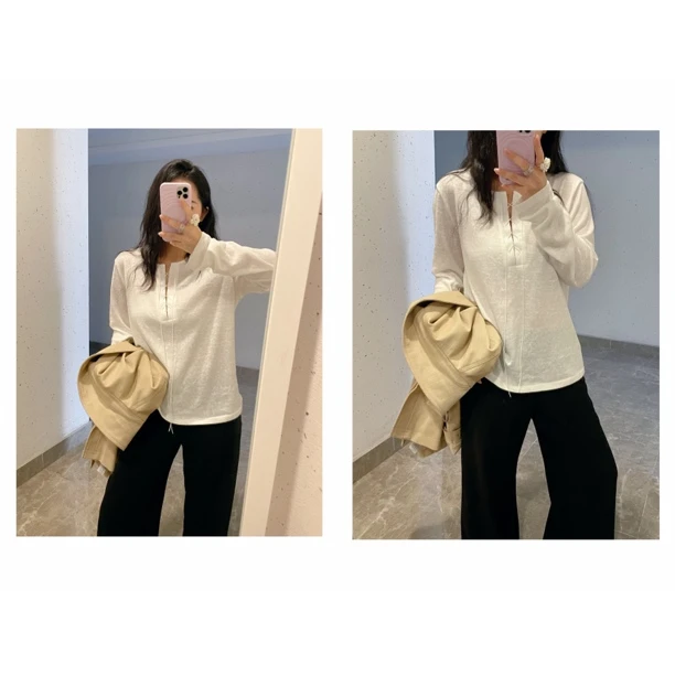 女抽绳纽扣百搭T恤秋季长袖套头老钱风耐磨宽松型