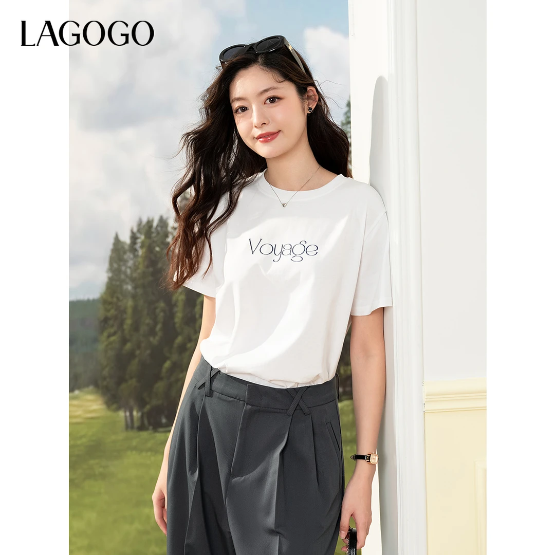 【重百优选】lagogo新款清爽百搭通勤凉感新疆棉白T女OATT313GJ7