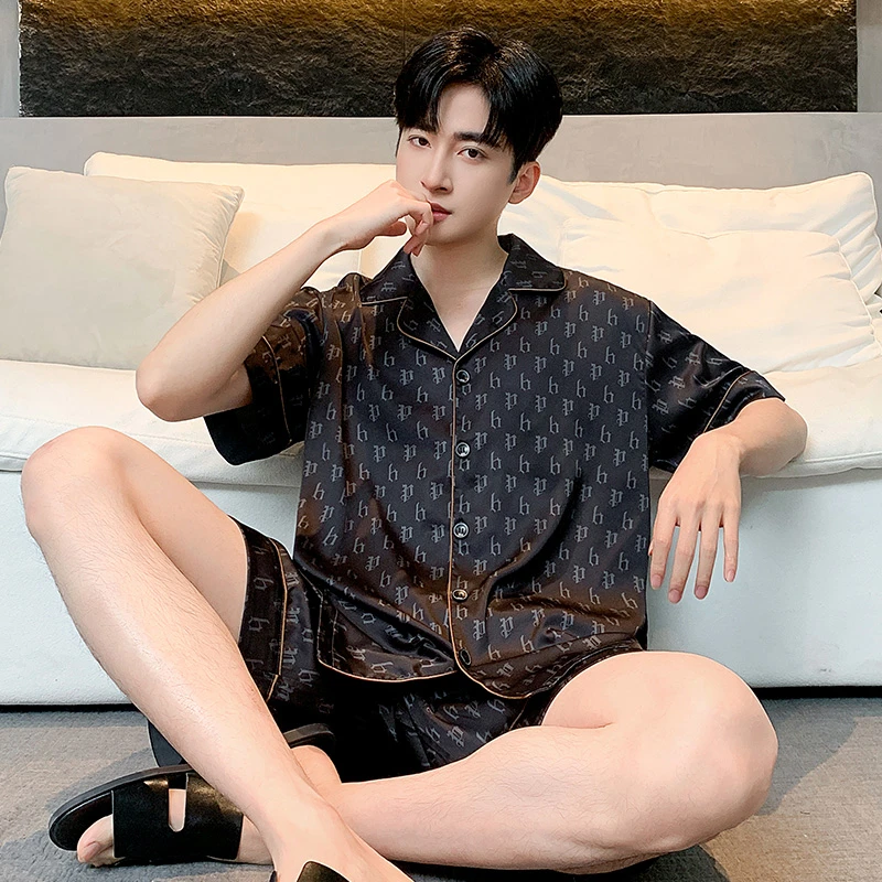 时尚男士夏季新款冰丝睡衣翻领短袖薄款宽松休闲外穿家居服套装