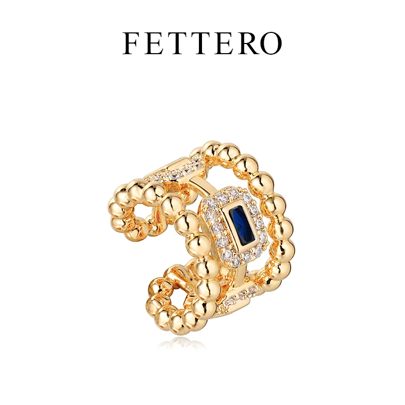 fettero 铜合金耳饰 【金色单个红蓝T锆链环耳夹】轻奢气质百搭