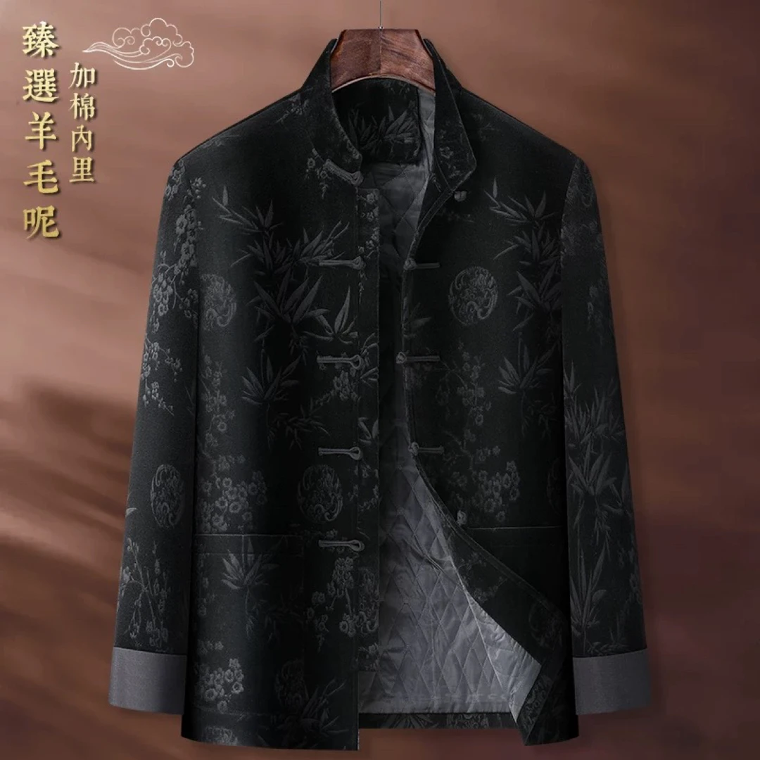 冬季新款爸爸毛呢外套中国风加棉保暖休闲盘扣唐装老年人冬装棉服