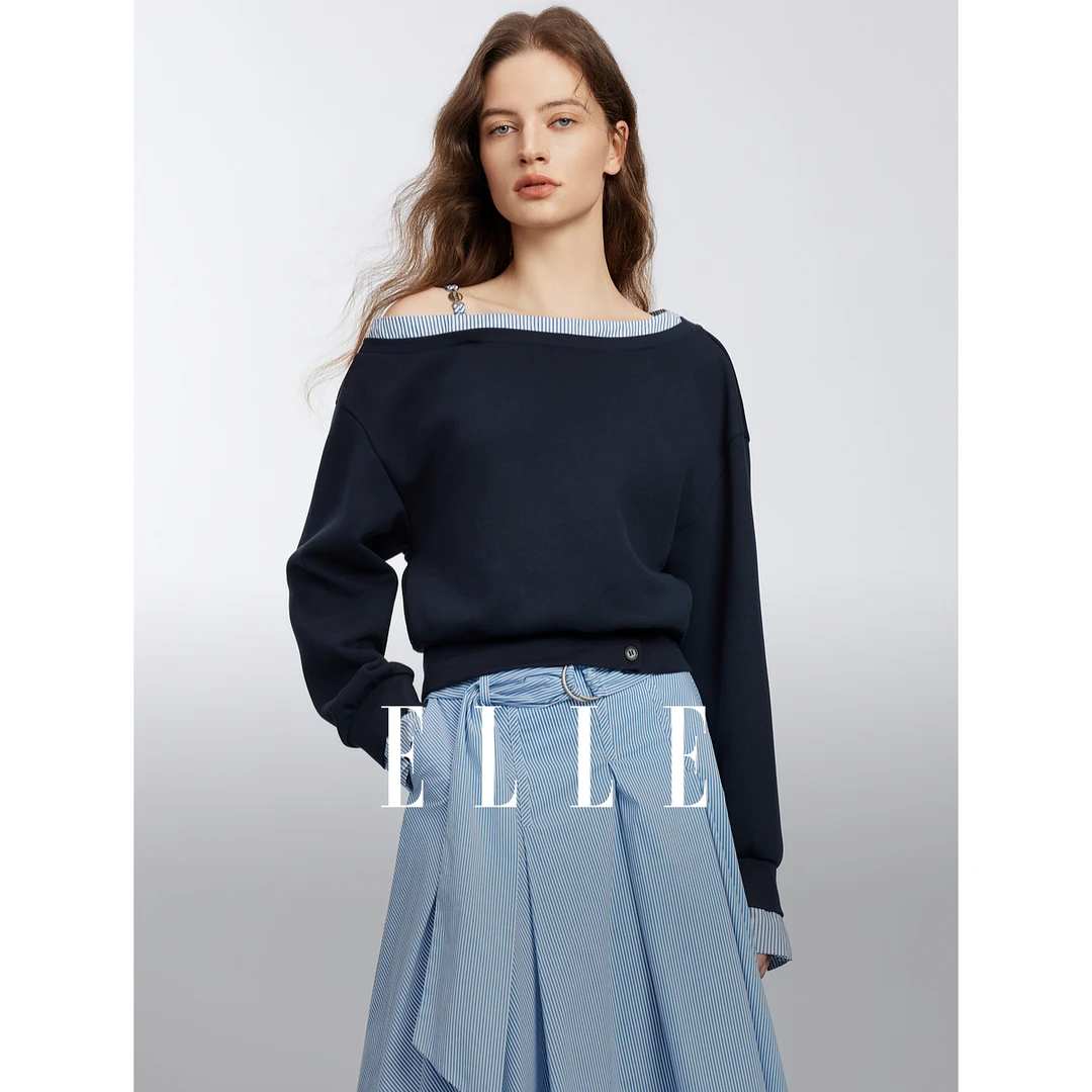 ELLE法式藏青色拼接设计感卫衣女2025春新款斜肩气质宽松EW50524