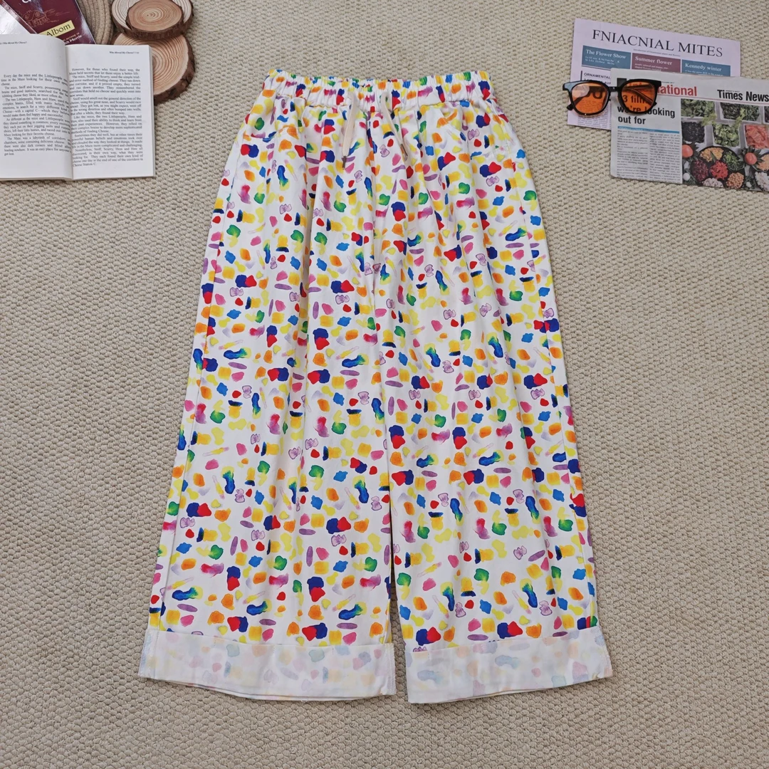 2025夏季新款时尚百搭卡通印花休闲裤阔腿裤1605