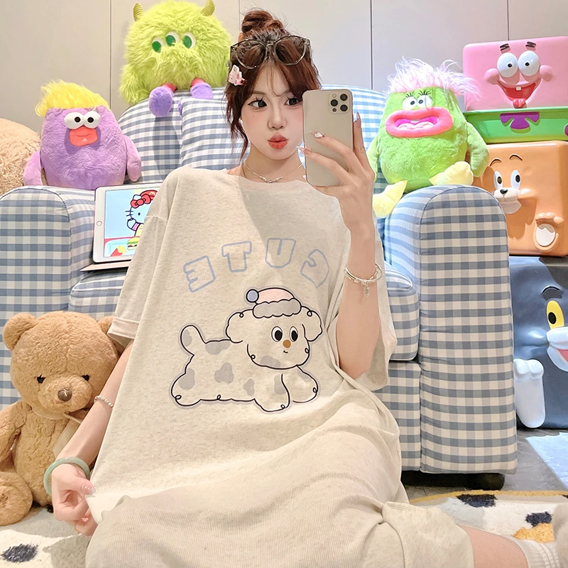 莫代尔睡裙女夏款薄款冰丝凉感短袖睡衣卡通日系甜美中长款家居服