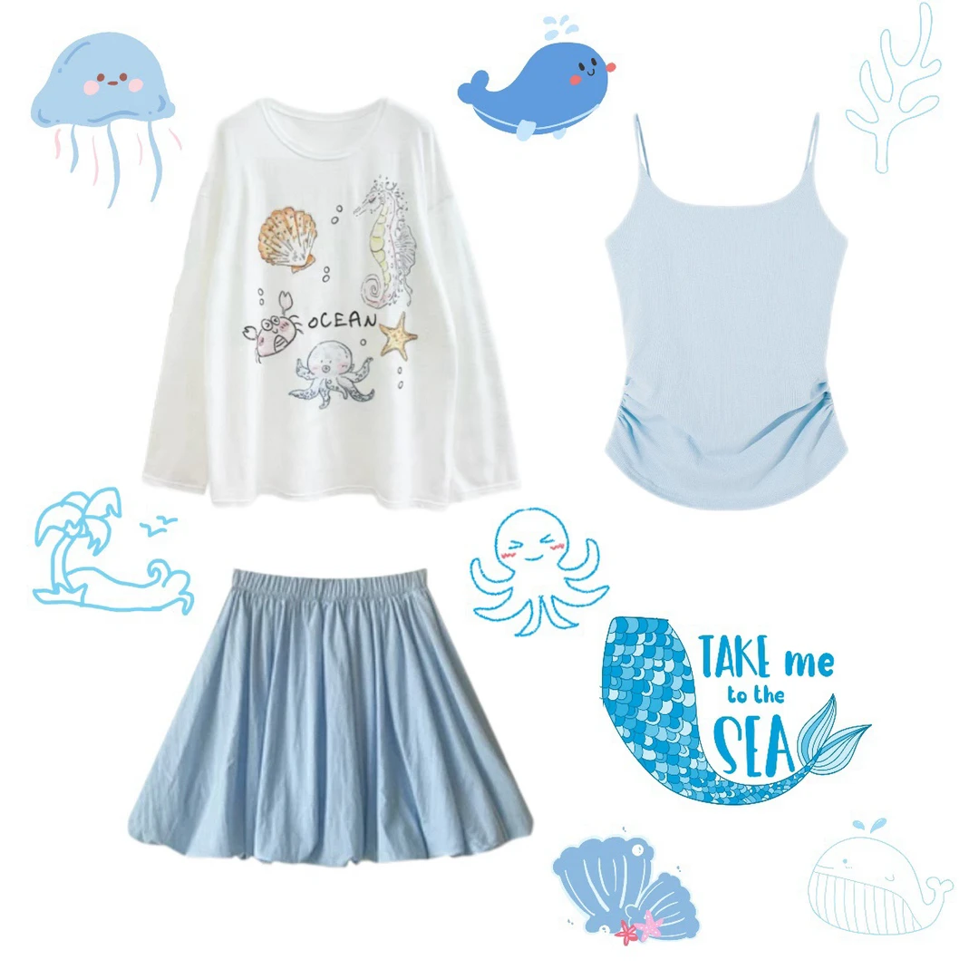 【破价三件套】韩系趣味海洋印花防晒夏季薄款松弛百搭罩衫套装