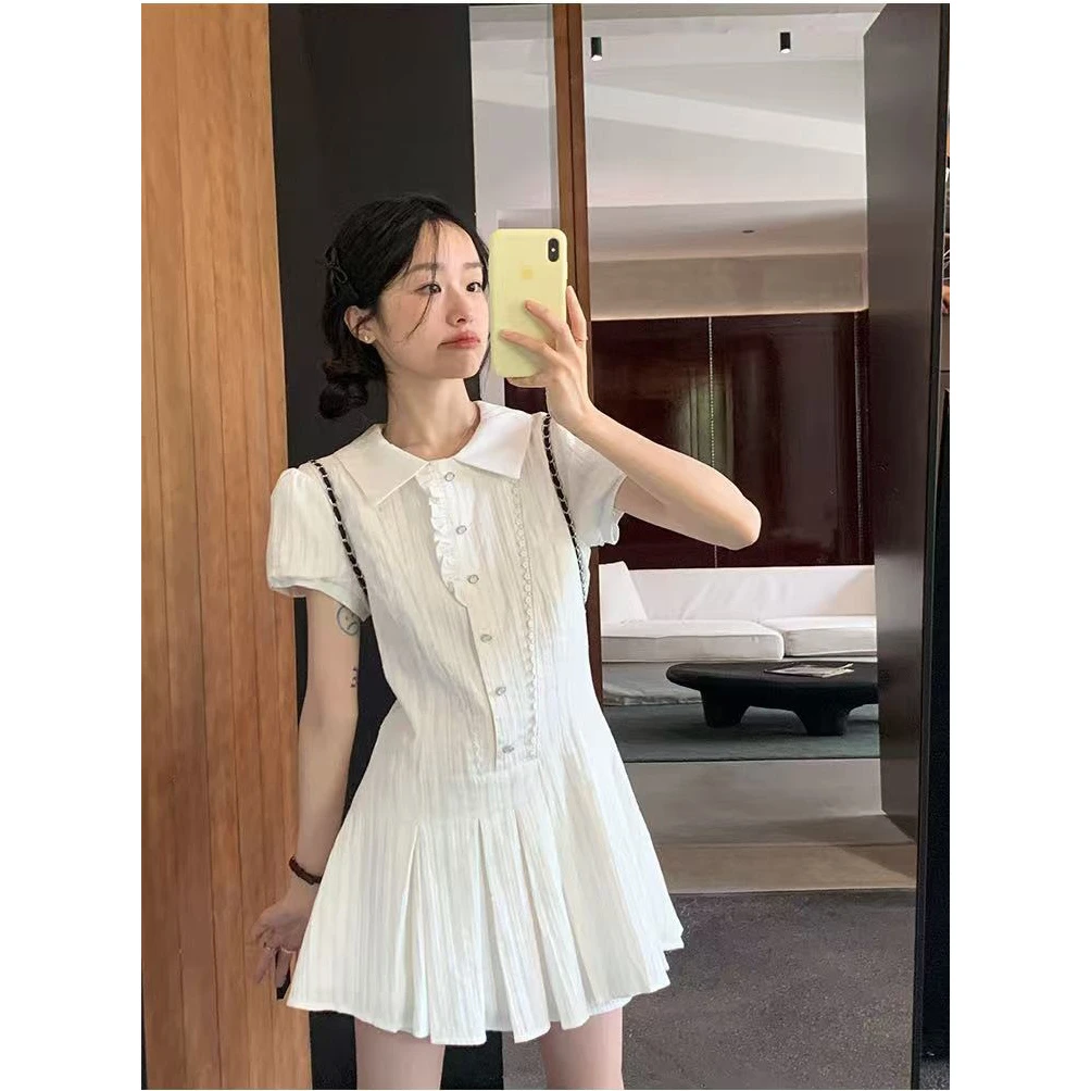 翻领气质连衣裙女2025夏季新款茶系穿搭短裤裙子小白裙套装女