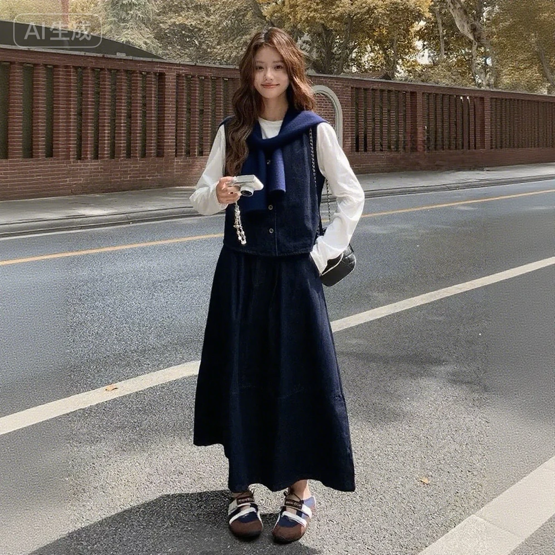 妮妮家A126韩版休闲百搭显瘦内搭马甲披肩半身长裙四件套