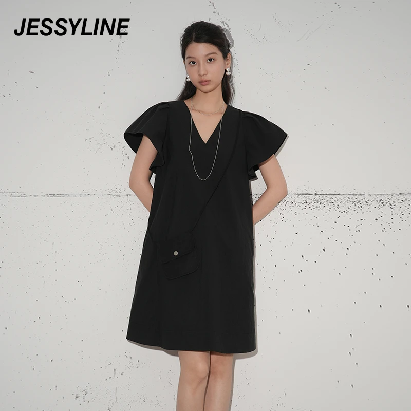 jessyline2025夏季新款 杰茜莱黑色v领短袖连衣裙 524211764