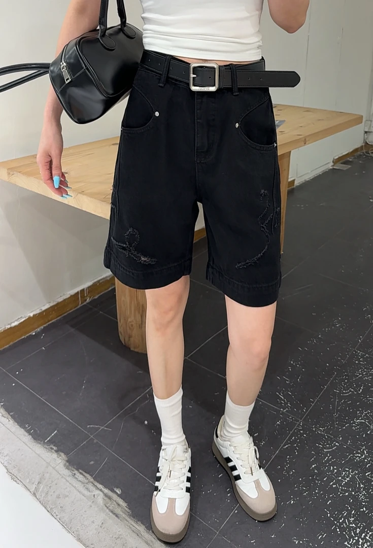 GVCI#98350夏季福利无弹四分破洞直筒牛仔裤（不配皮带）裤长：45cm