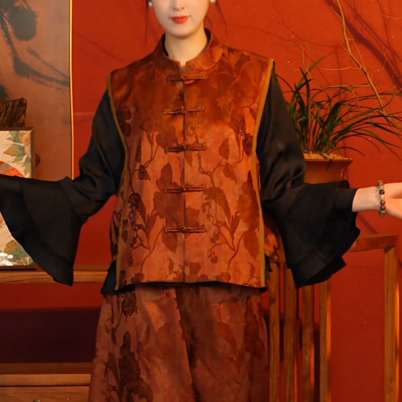 【湘妃竹】棕红色油丝工艺提花刺绣廓形马甲外套