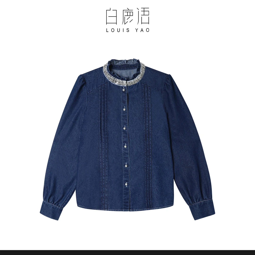 DY【商场同款新品】白鹿语宫廷风木耳边立领牛仔衬衣女（播）BY50007