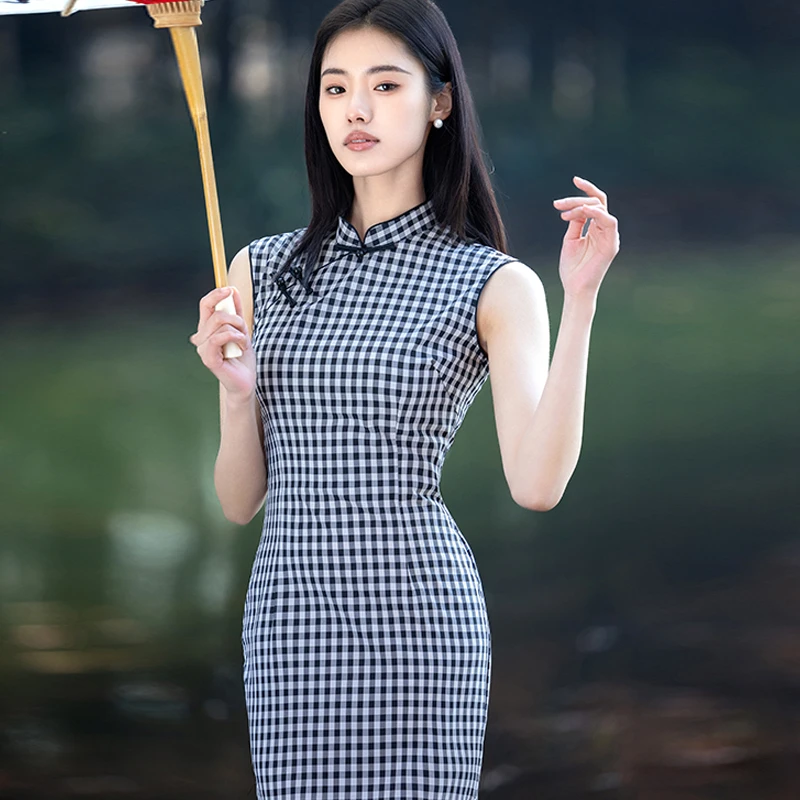 新中式旗袍2025夏季高端老上海素雅国风礼服日常可穿改良格子裙子