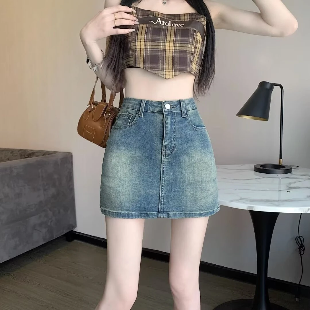 牛仔短裙女夏季大码高腰a字显瘦半身裙小个子辣妹防走光包臀半裙