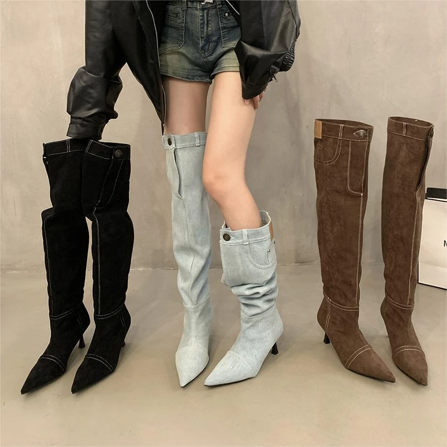 高跟辣妹风尖头牛仔靴女鞋年秋冬新款堆堆靴细跟复古法式单靴