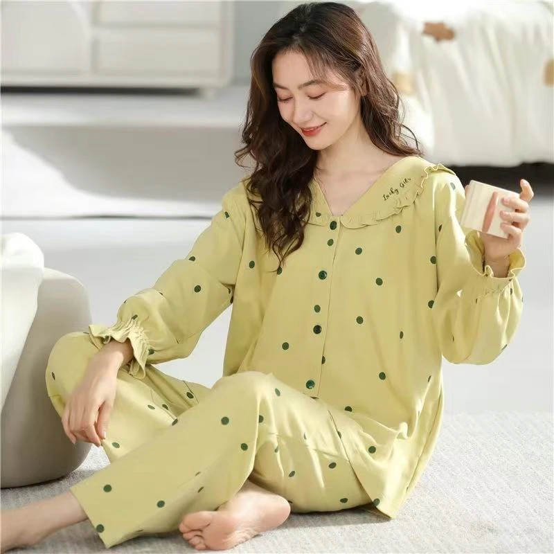 100%双面纯棉睡衣女士秋冬季全棉长袖开衫休闲家居服女春款套装