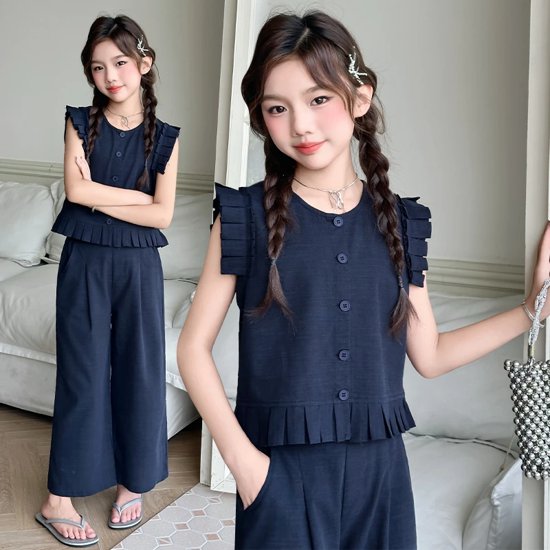 女童夏季套装2025新款洋气女大童棉麻木耳边无袖衬衫阔腿裤两件套