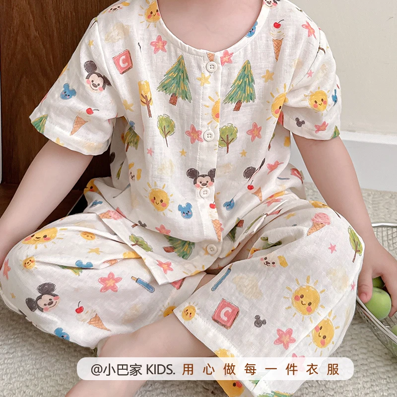 宝宝夏季纱布睡衣纯棉薄款儿童空调衫婴儿韩版家居服男女套装