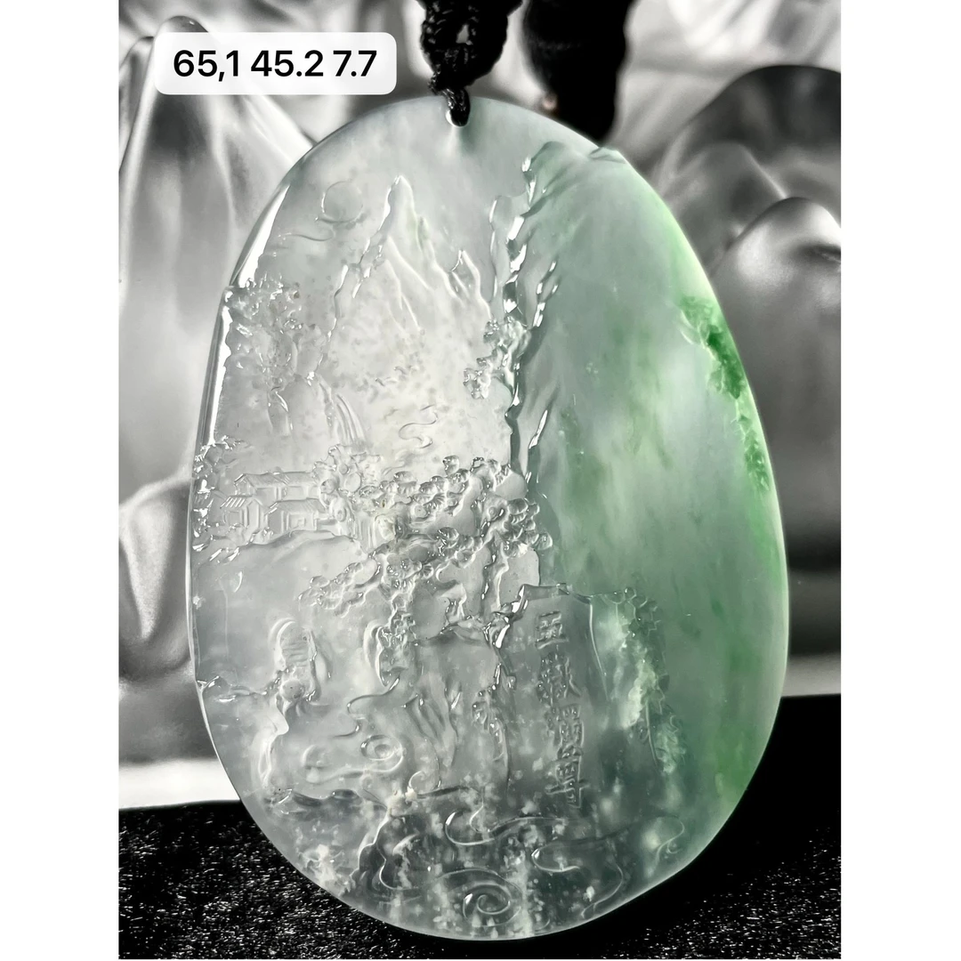天然a货缅甸翡翠老坑山水牌吊坠