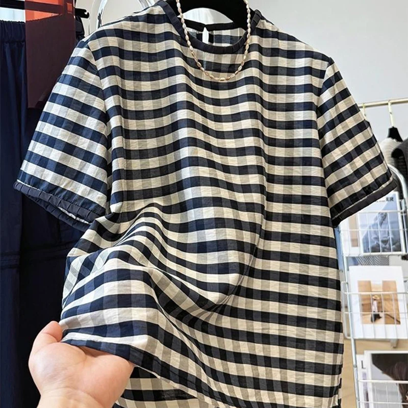 韩系复古撞色格子独特漂亮气质小衫女夏季薄款圆领衬衫爆055-