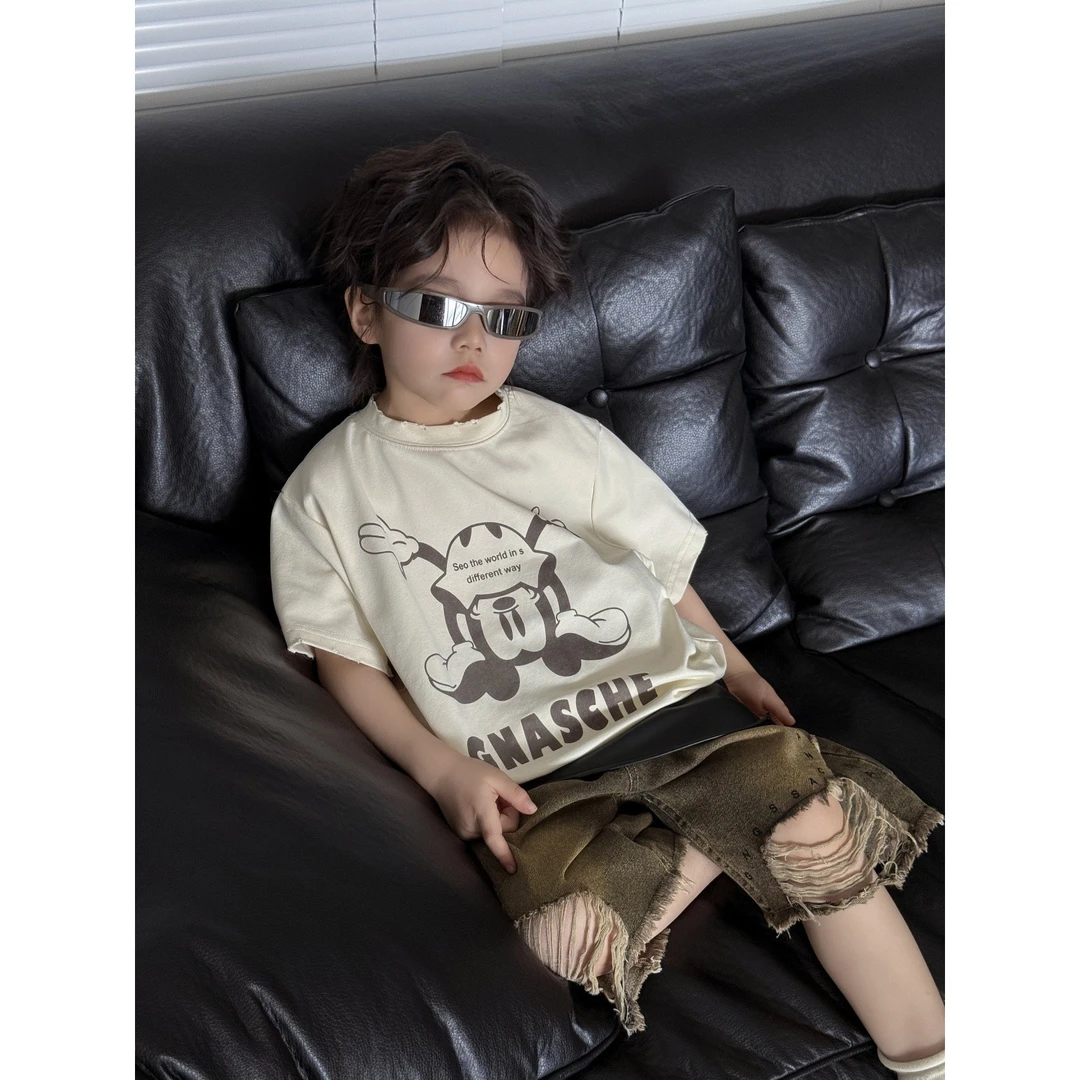 儿童短袖T恤夏季男童卡通印花字母休闲体恤衫男孩个性前后图案t恤