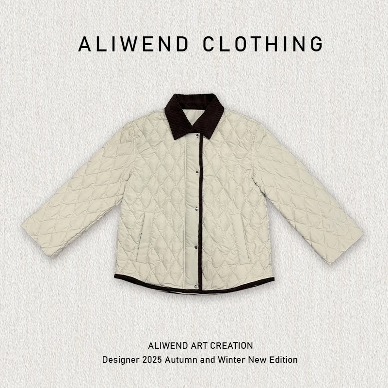 【韩系巴恩风】菱形格绗线翻领撞色羽绒服-251101韩版时尚羽绒服