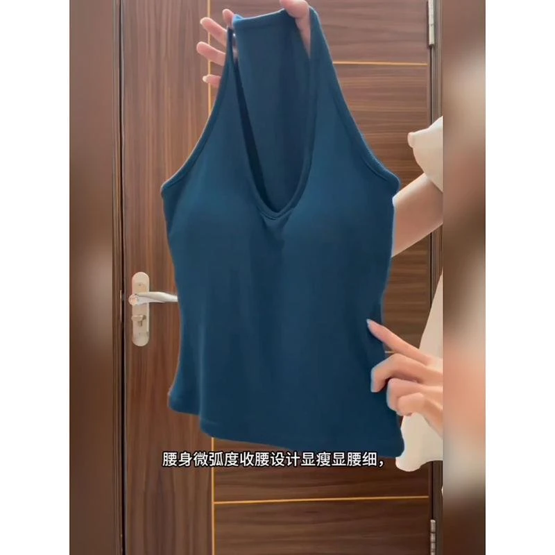蓝色挂脖工字吊带背心女夏季外穿新款修身内搭短款无袖打底上衣