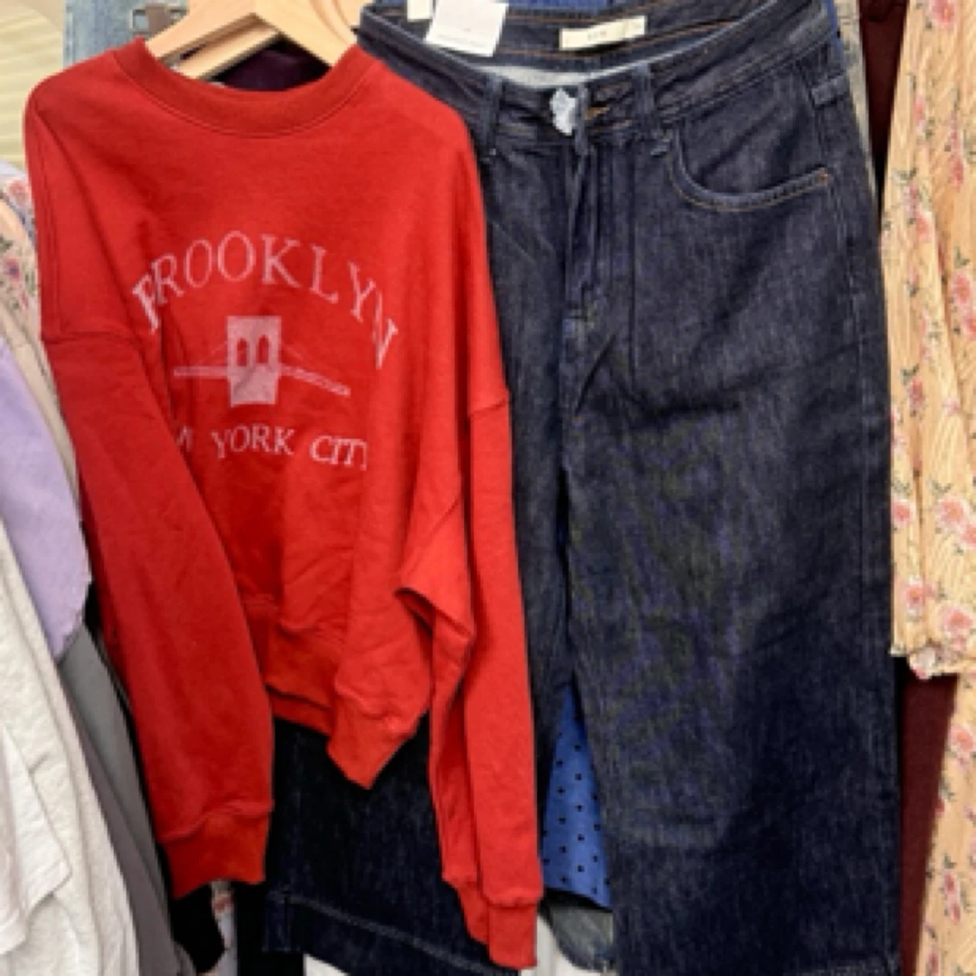 韩国正品代购N O/退裤脚明线阔腿直筒牛仔裤