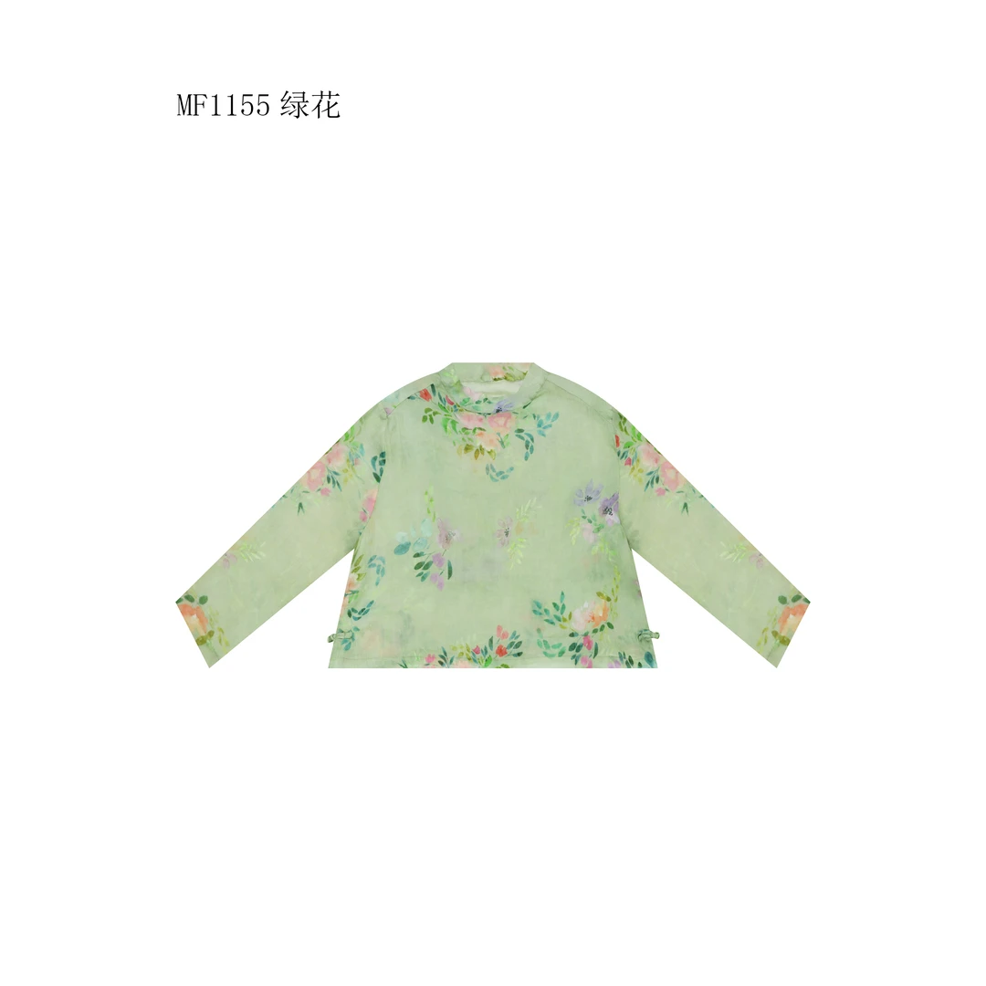 【麻訪家】MF1155绿花春夏文艺印花休闲百搭长袖上衣