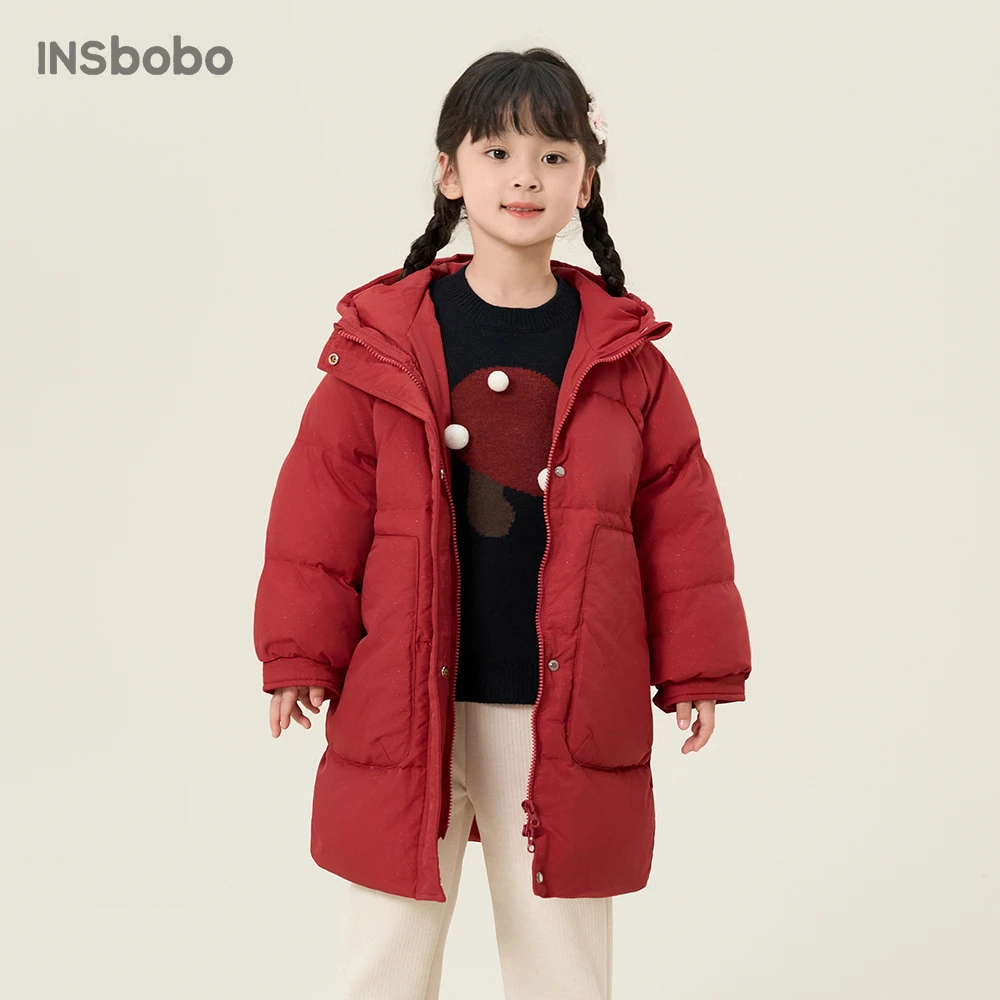 INSbobo女宝红色休闲风冬季婴儿羽绒服女童连体连帽保暖DY23005
