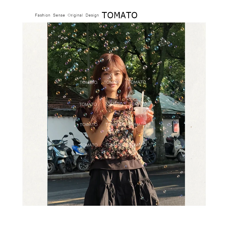 【TomaTo】窈思 夏季纯色设计碎花吊带卷边简约T恤真两件C25T051504