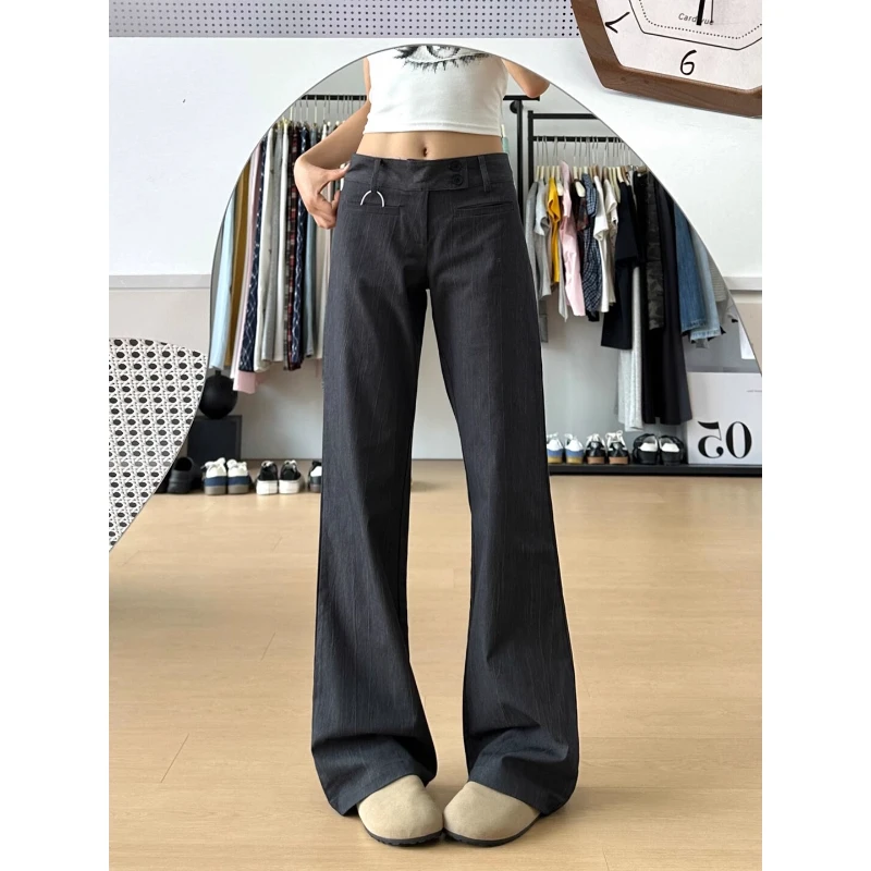 2025早秋新款美式复古低腰微喇西装裤女夏款双排扣设计肌理感长裤