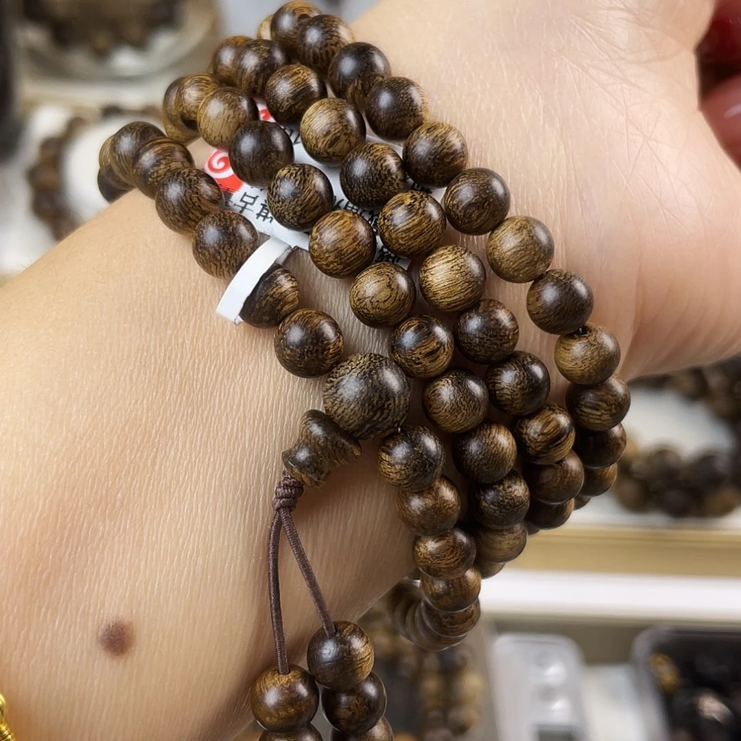 平***淡沉香手串越南芽庄老白棋窖藏古董玉化瘤疤虎斑0.6×108