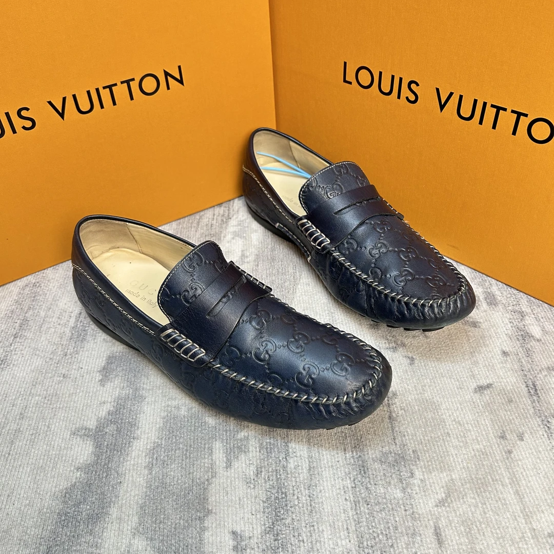 95新 GUCCI/古驰 蓝色双G压花满印驾车豆豆鞋/96新/40-42欧