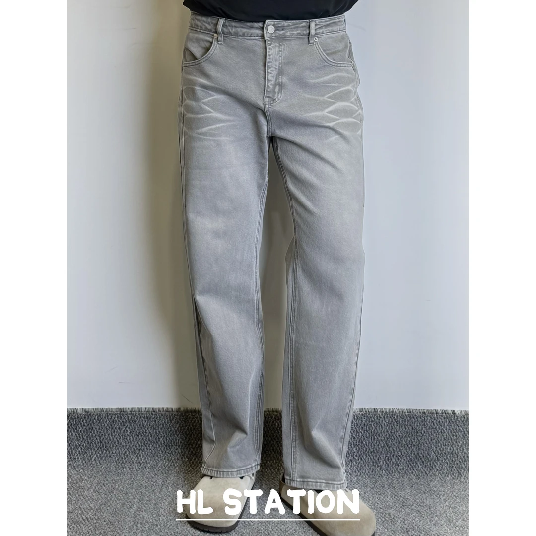 HLSTATION 美式重水洗蜂窝纹猫须牛仔裤灰色秋冬弹力直筒简约百搭