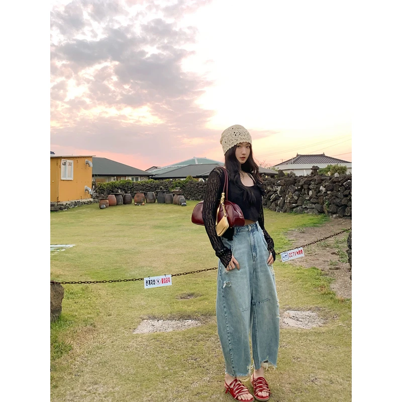 任小艺复古破洞牛仔裤女夏季宽松高腰显瘦阔腿裤设计感九分萝卜裤