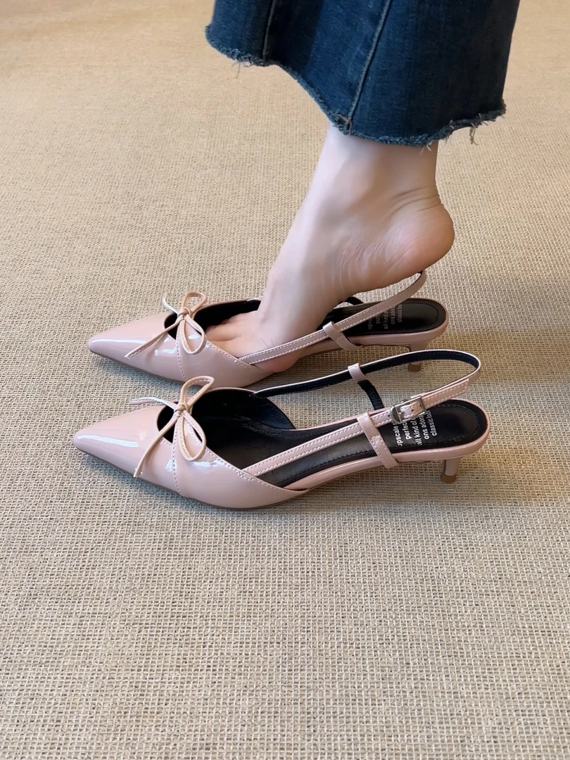 Elingjk/4cm简约法式尖头蝴蝶结纯色猫跟时尚包头后空凉鞋女