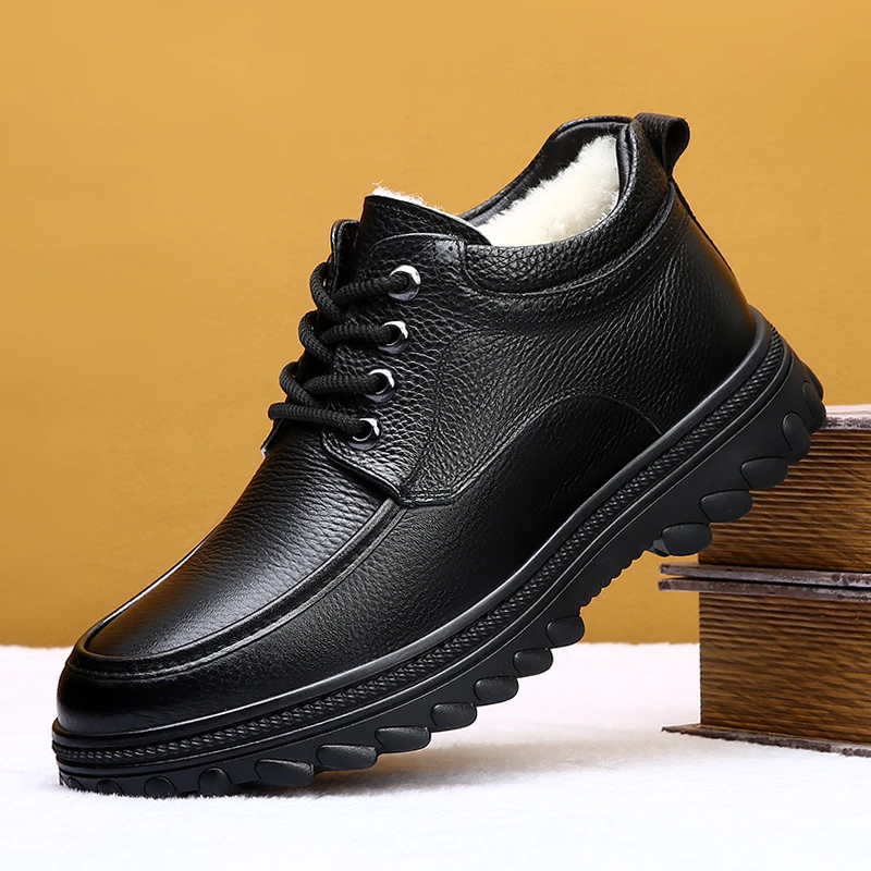 喜美萃【头层牛皮】冬季男士高帮老公爸爸加厚羊毛皮户外保暖雪地靴