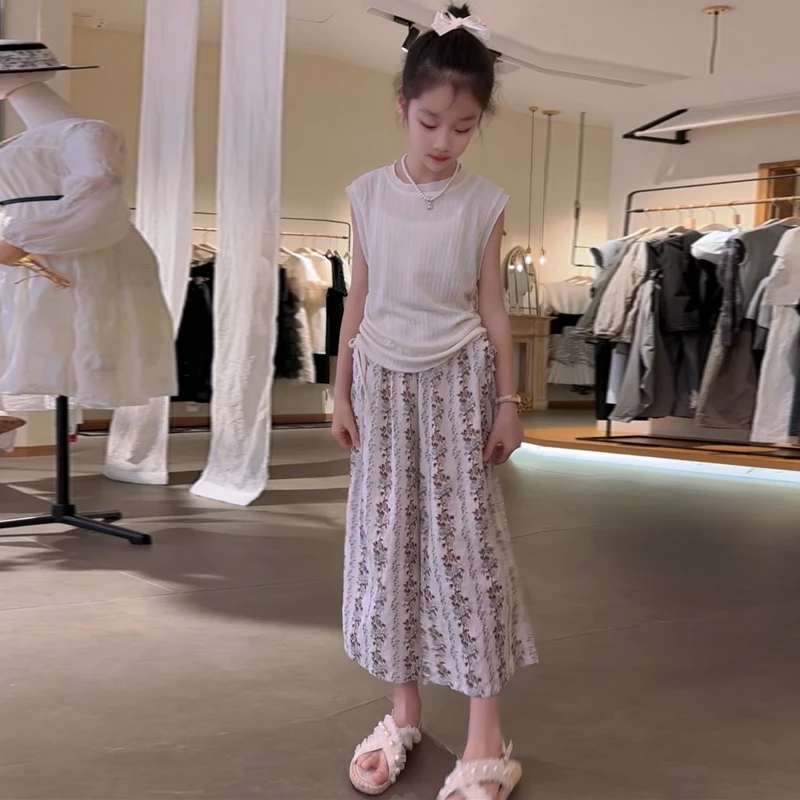 女童夏季套装2025新款小女孩洋气无袖上衣儿童薄款碎花直筒休闲裤