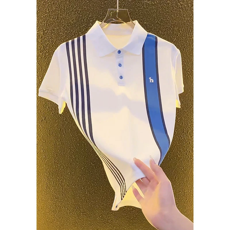 欧货顶奢高定商务休闲男装上衣2025夏季新款设计感撞色条纹Polo衫