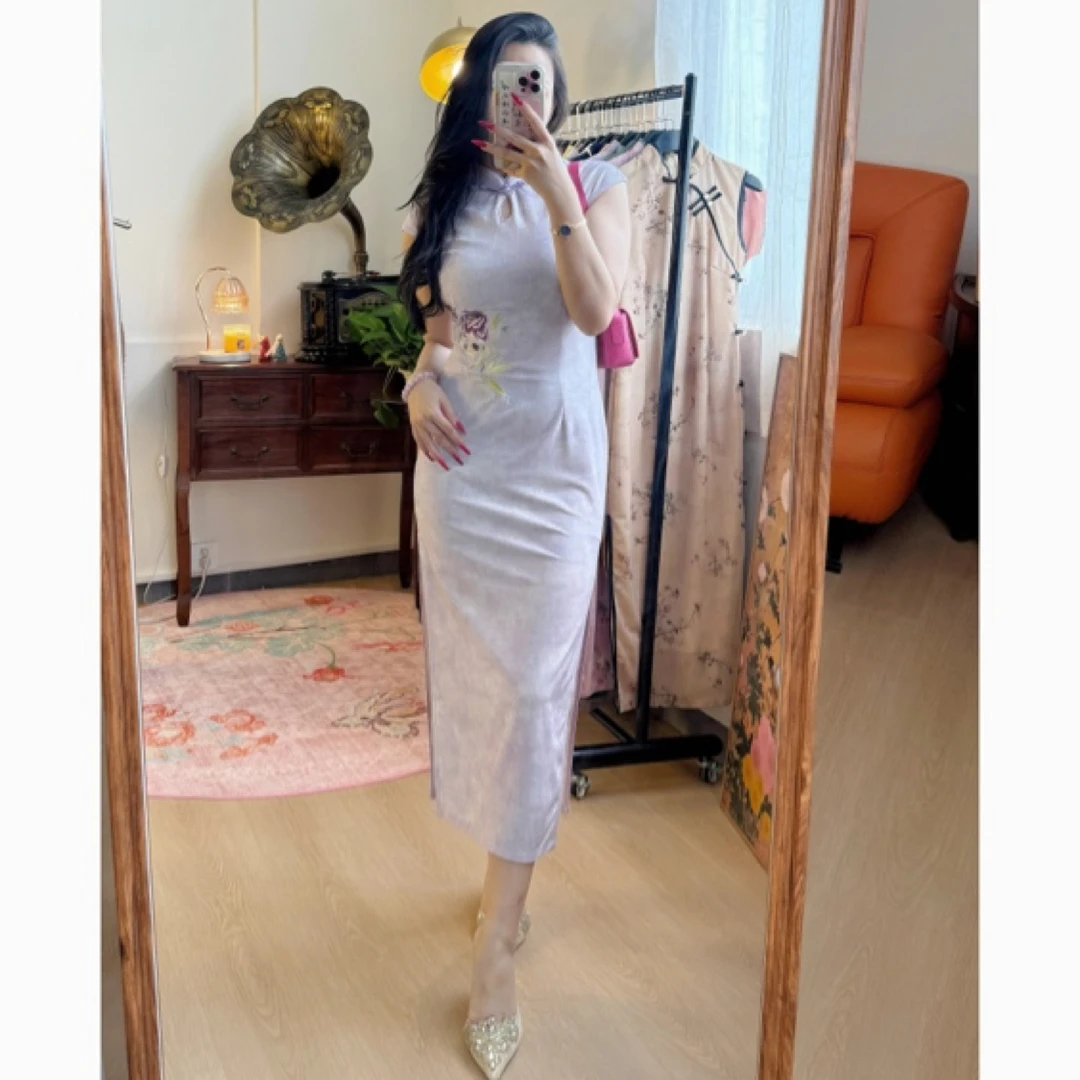 【紫蝶舞】微胖国风新中式弹力刺绣水滴领少女改良旗袍