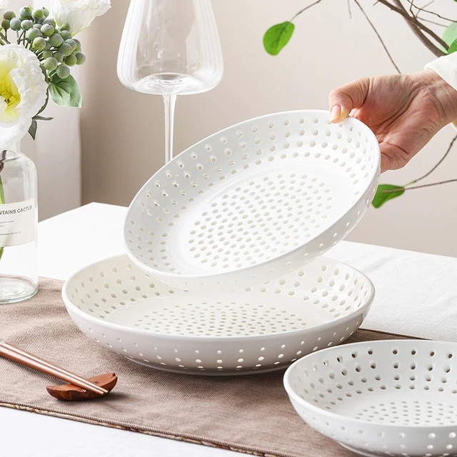 创意陶瓷蒸盘沥水盘圆形蒸格蒸笼水果盘家用多孔蒸包子海鲜饺子盘