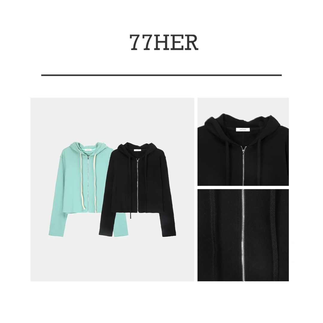 77her 纯色抽绳休闲运动穿搭连帽拉链卫衣