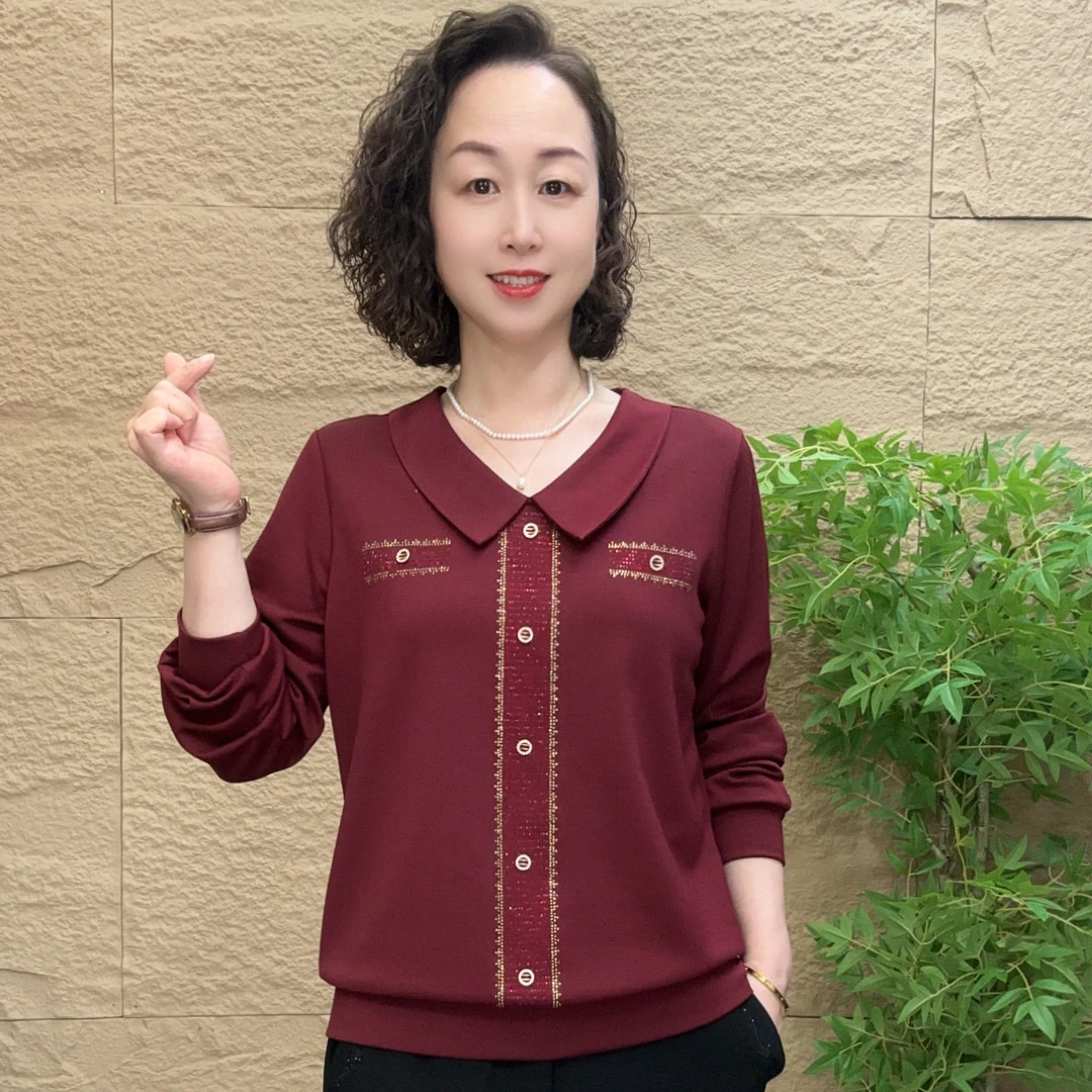 妈妈装秋季长袖新款时尚宽松弹力烫钻小衫气质百搭中老年休闲秋装