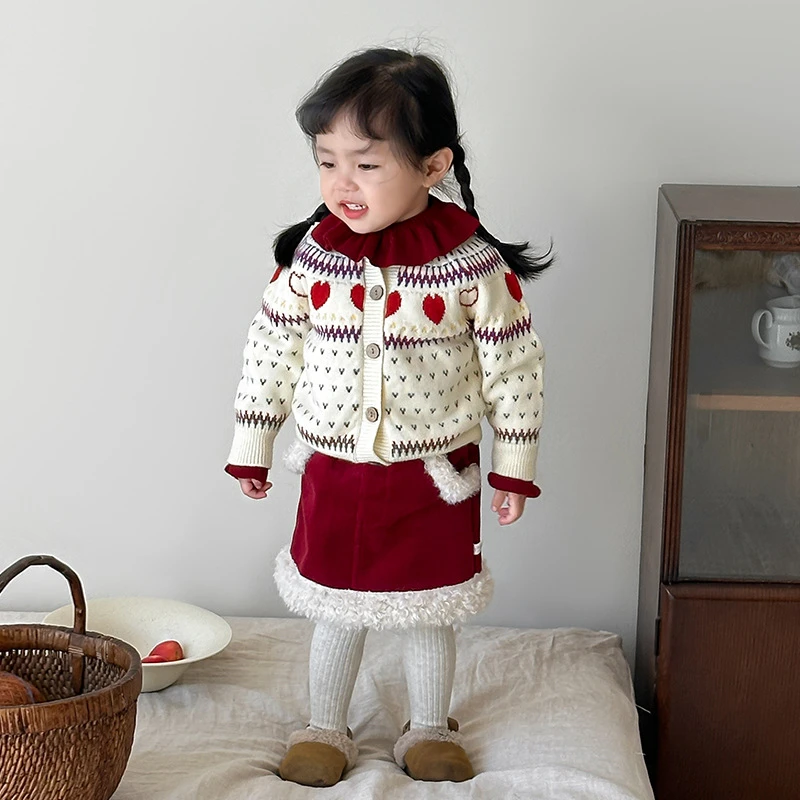 蔗梨童装女童毛衣套装冬季儿童韩版针织开衫上衣宝宝衣服