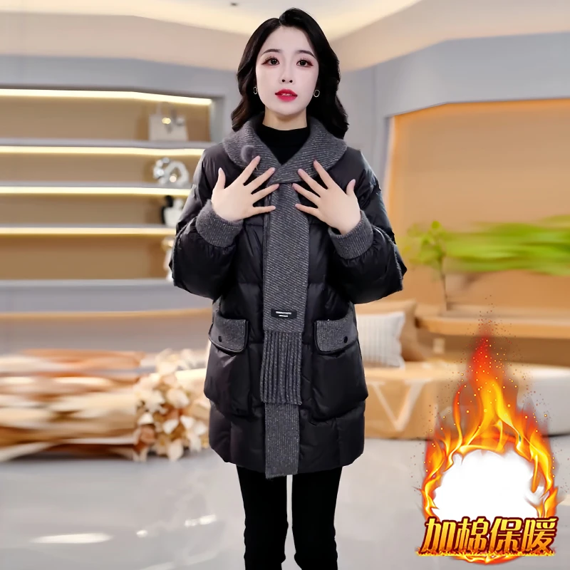 2025冬季网红爆款高级感气质棉服女中长款围巾领加绒棉衣保暖外套